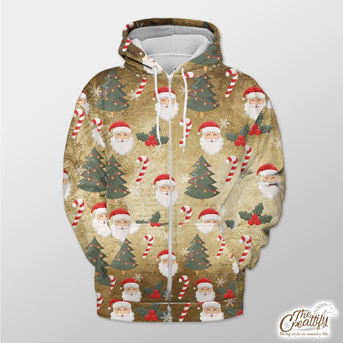 Santa Clause, Candy Canes And Holly Leaf, Pine Tree Zip Hoodie