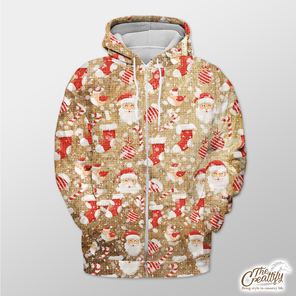 Santa Clause, Red Socks, Candy Canes And Cardinal Bird On Snowflake Zip Hoodie