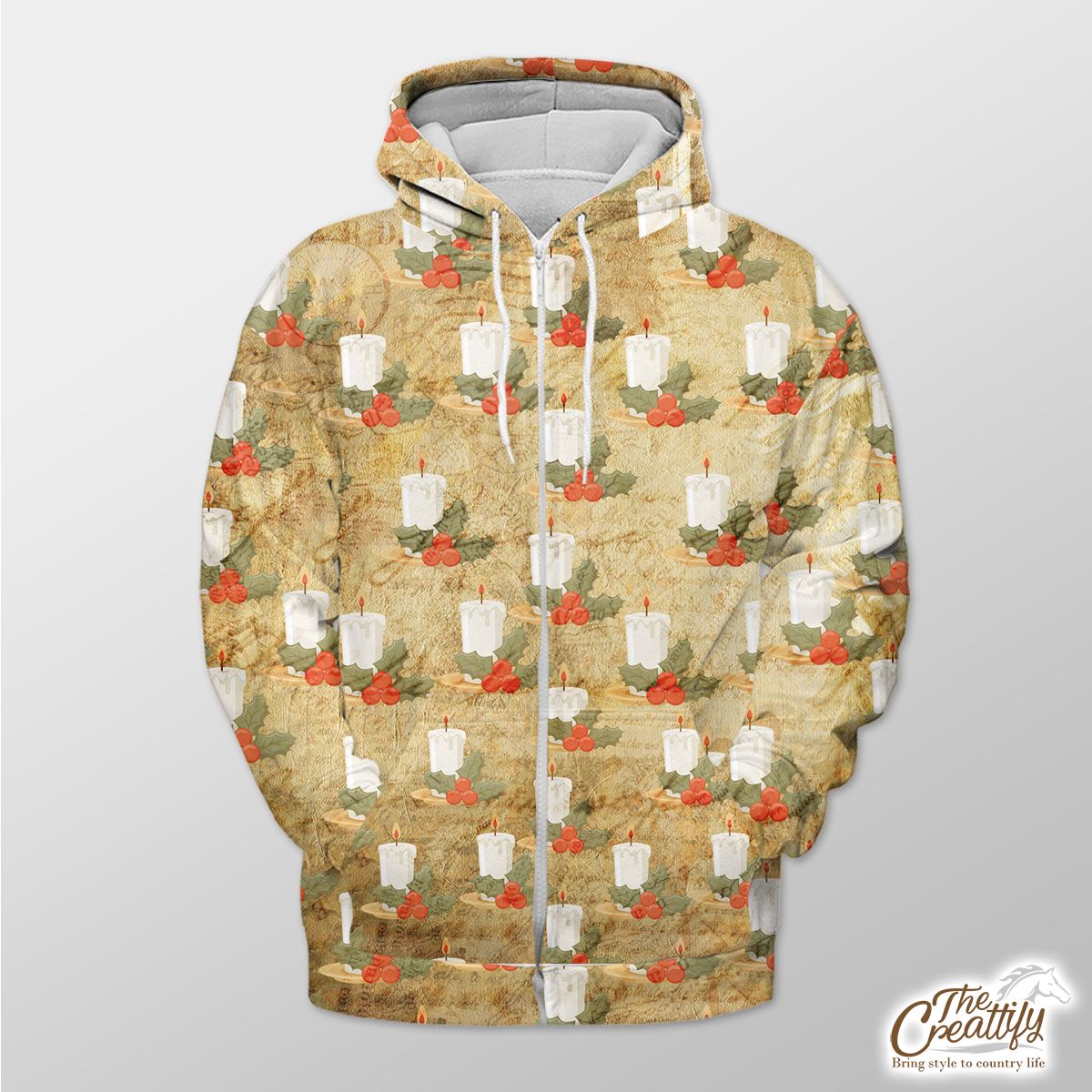 Vintage Christmas With Christmas Scented Candle And Holly Leaf Zip Hoodie