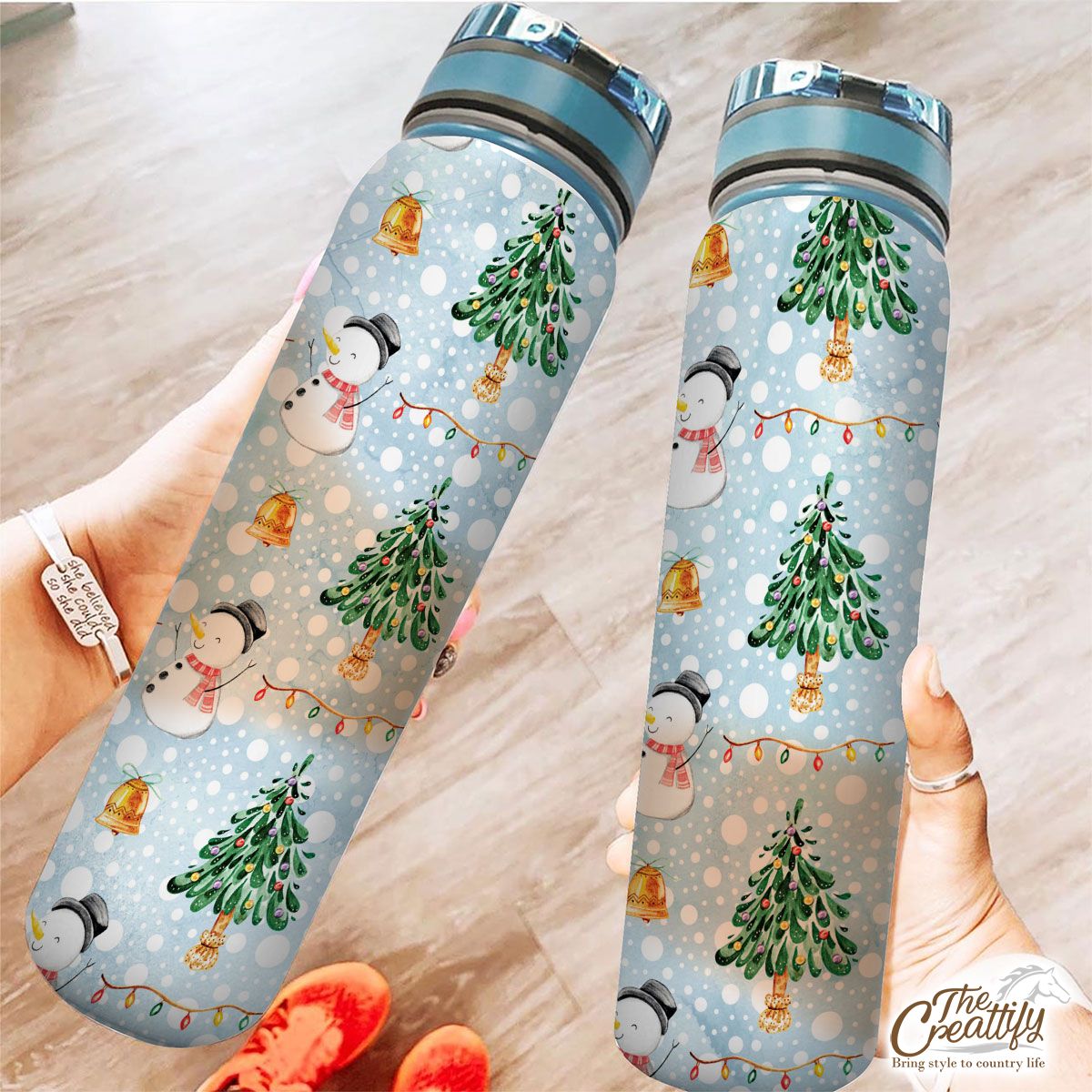 Snowman And Christmas Tree On Snowflake Background Tracker Bottle