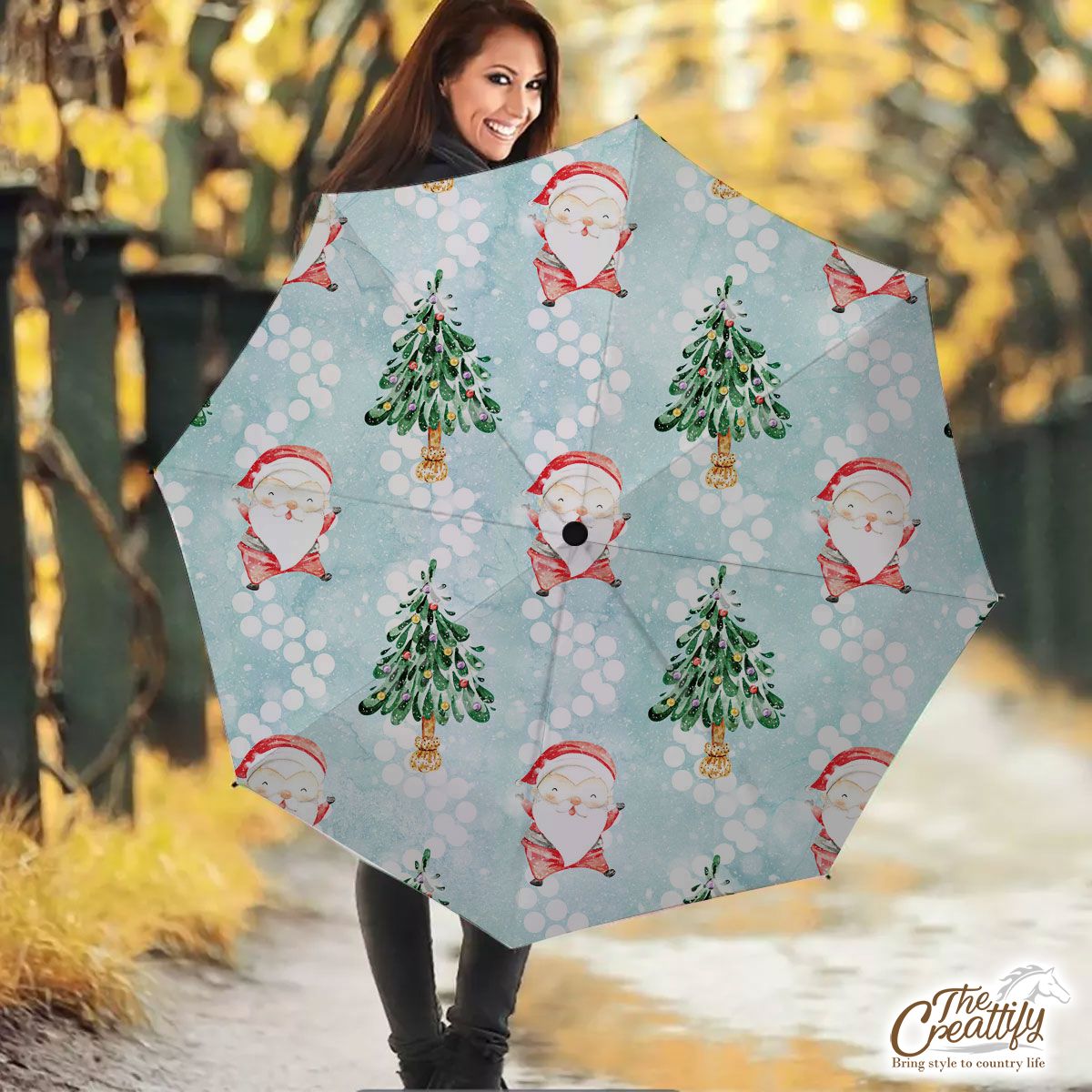 Santa Clause And Christmas Tree On Snowflake Background Umbrella