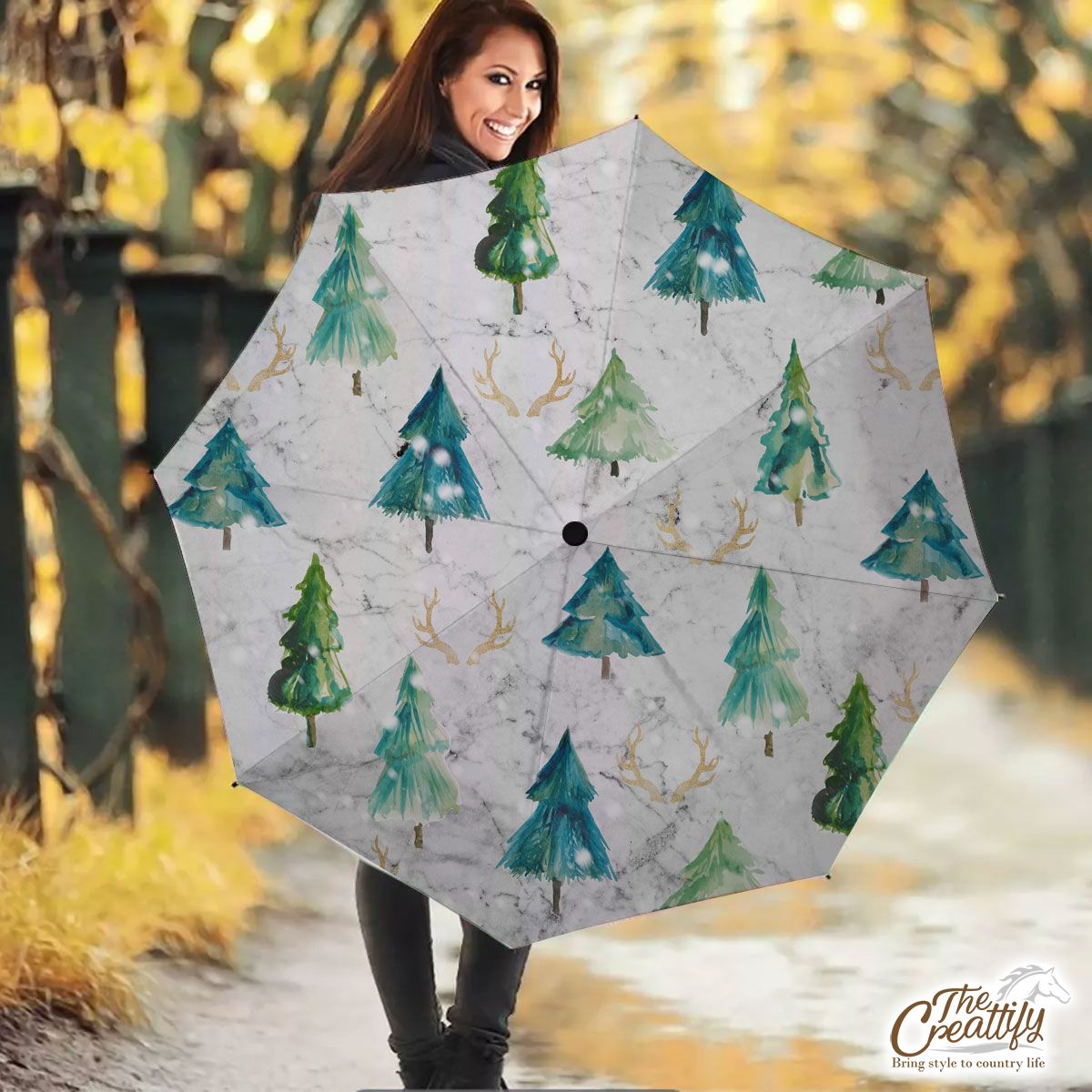 Santas Reindeer, Christmas Tree And Snowflake Background Umbrella