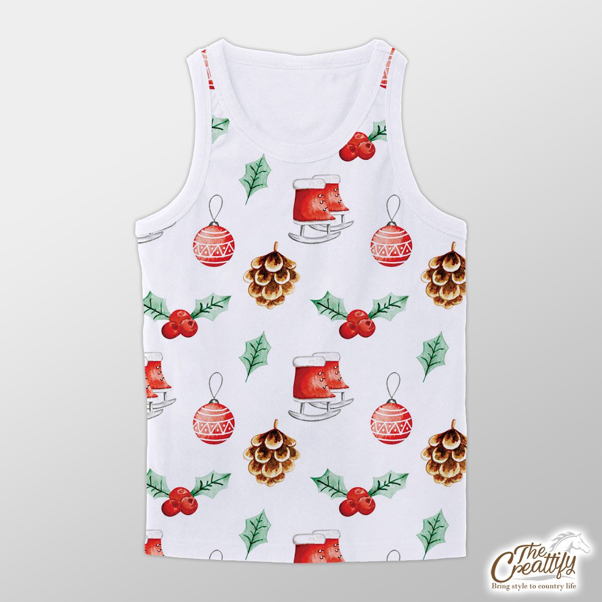 Ice Skates, Holly Leaf, Pine Cone And Christmas Baubles Unisex Tank Top