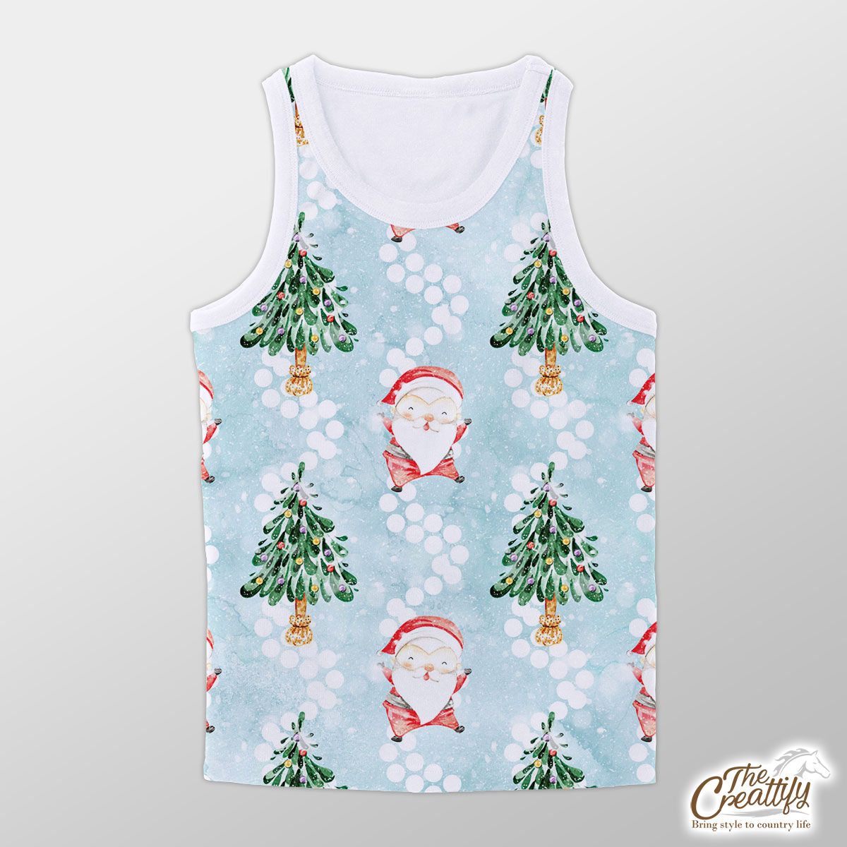 Santa Clause And Christmas Tree On Snowflake Background Unisex Tank Top