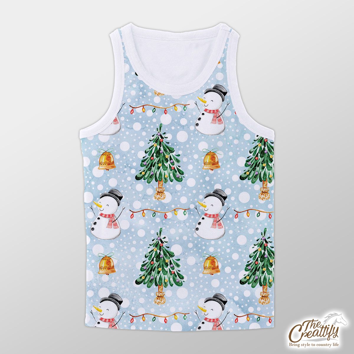 Snowman And Christmas Tree On Snowflake Background Unisex Tank Top