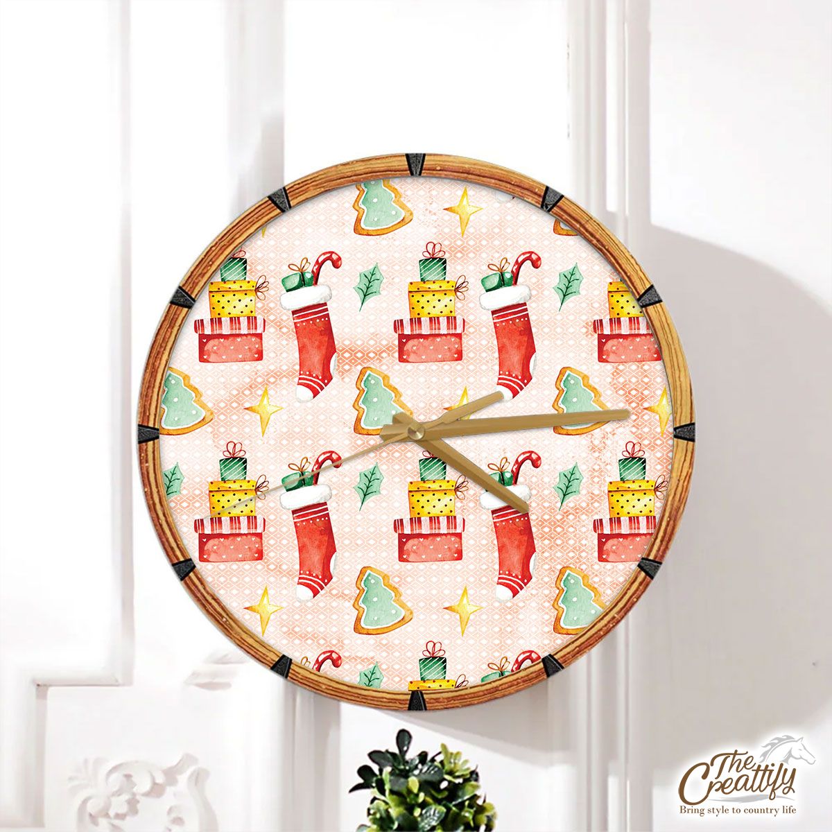 Gingerbread, Christmas Tree, Red Socks With Candy Canes Wall Clock