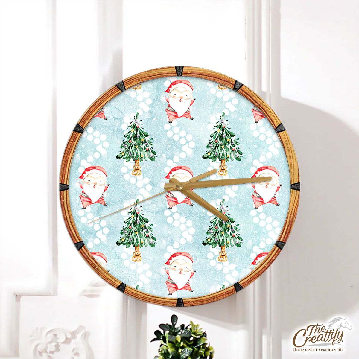 Santa Clause And Christmas Tree On Snowflake Background Wall Clock