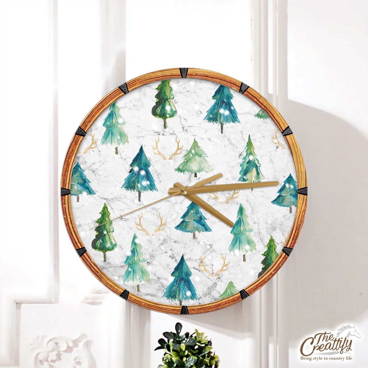 Santas Reindeer, Christmas Tree And Snowflake Background Wall Clock