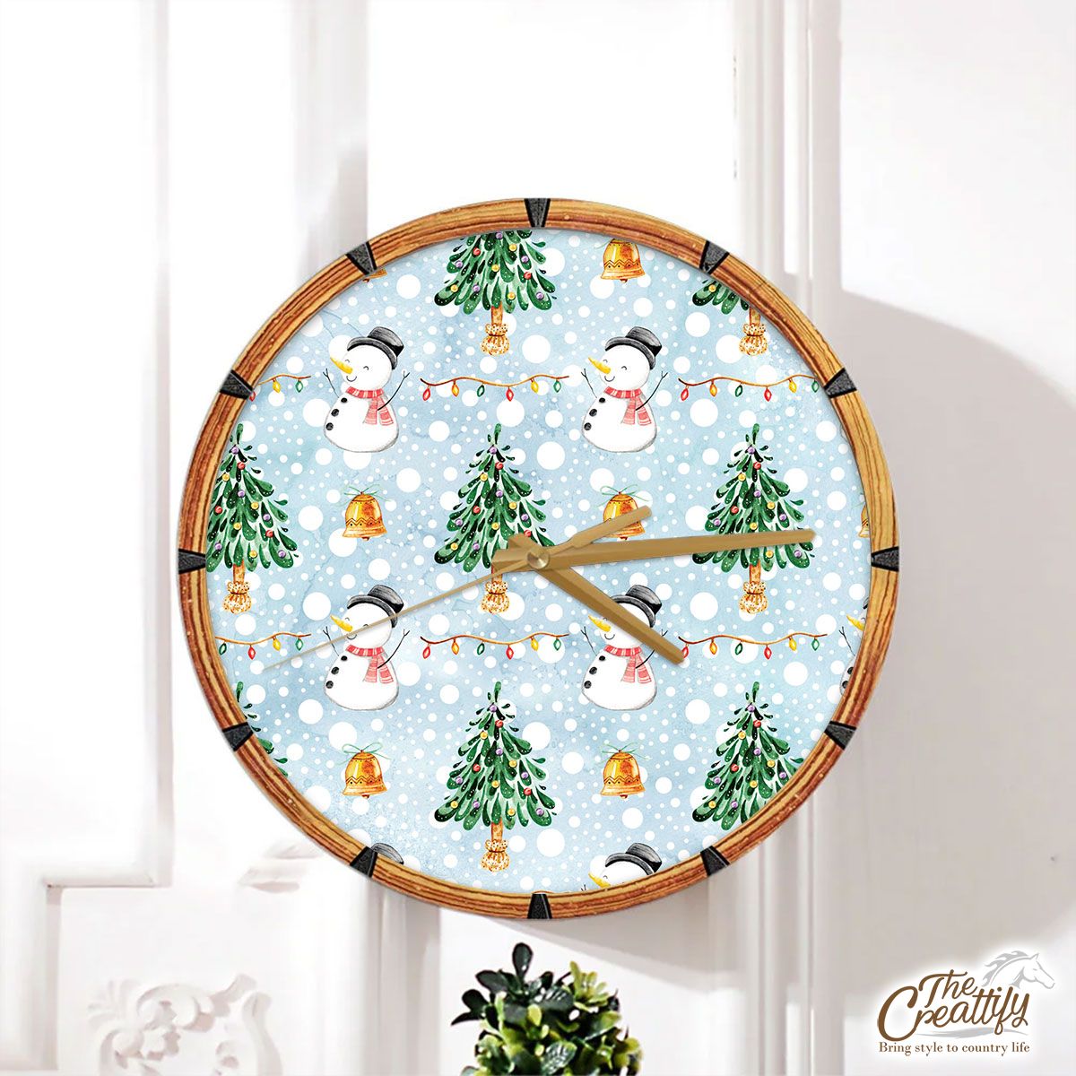 Snowman And Christmas Tree On Snowflake Background Wall Clock