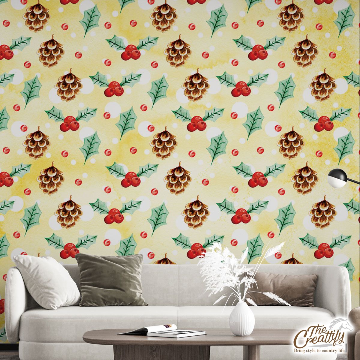 Holly Leaf, Pine Cone, Holly Berry Wall Mural