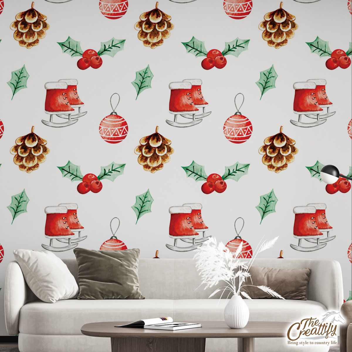 Ice Skates, Holly Leaf, Pine Cone And Christmas Baubles Wall Mural