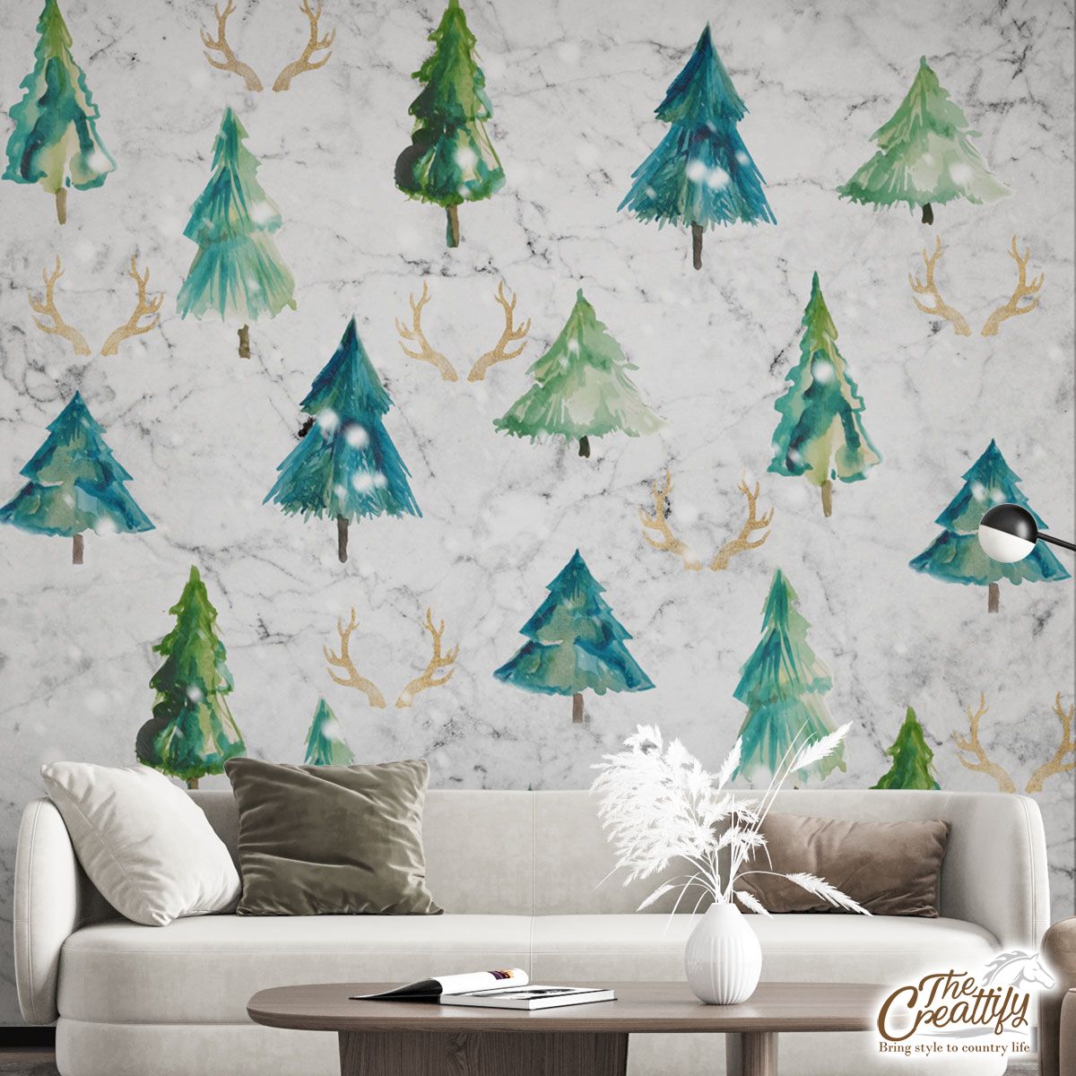 Santas Reindeer, Christmas Tree And Snowflake Background Wall Mural