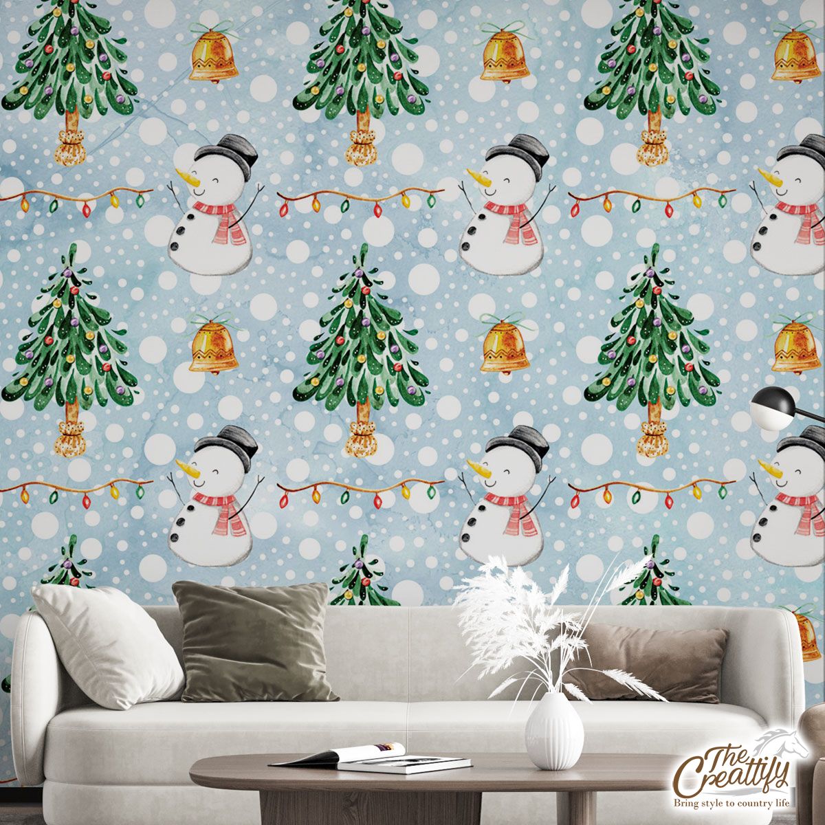 Snowman And Christmas Tree On Snowflake Background Wall Mural