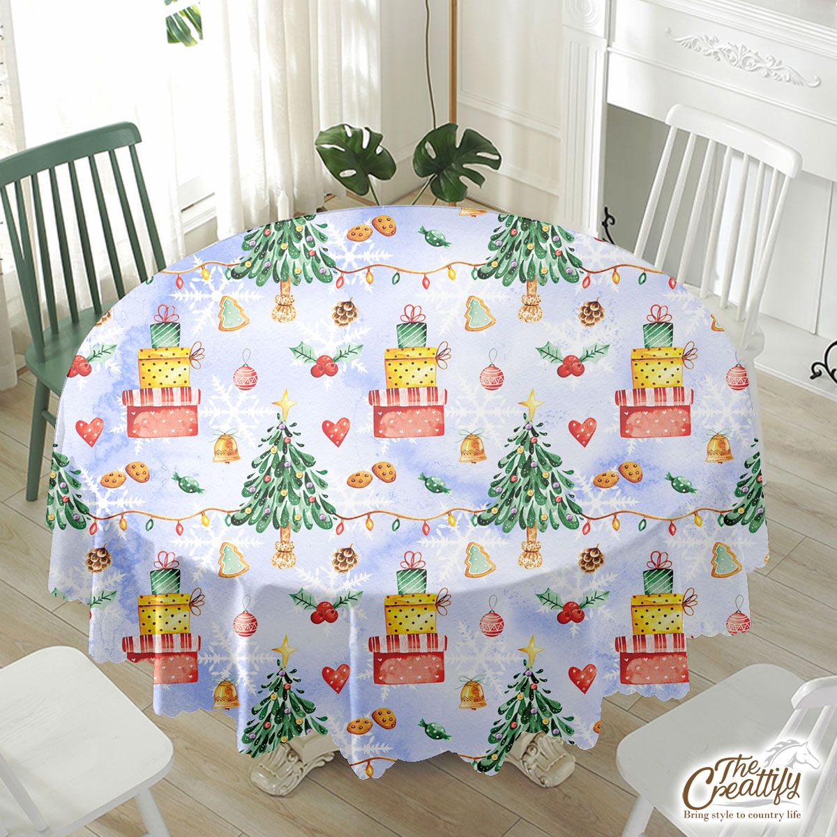 Christmas Tree, Christmas Balls And Christmas Gifts Waterproof Tablecloth