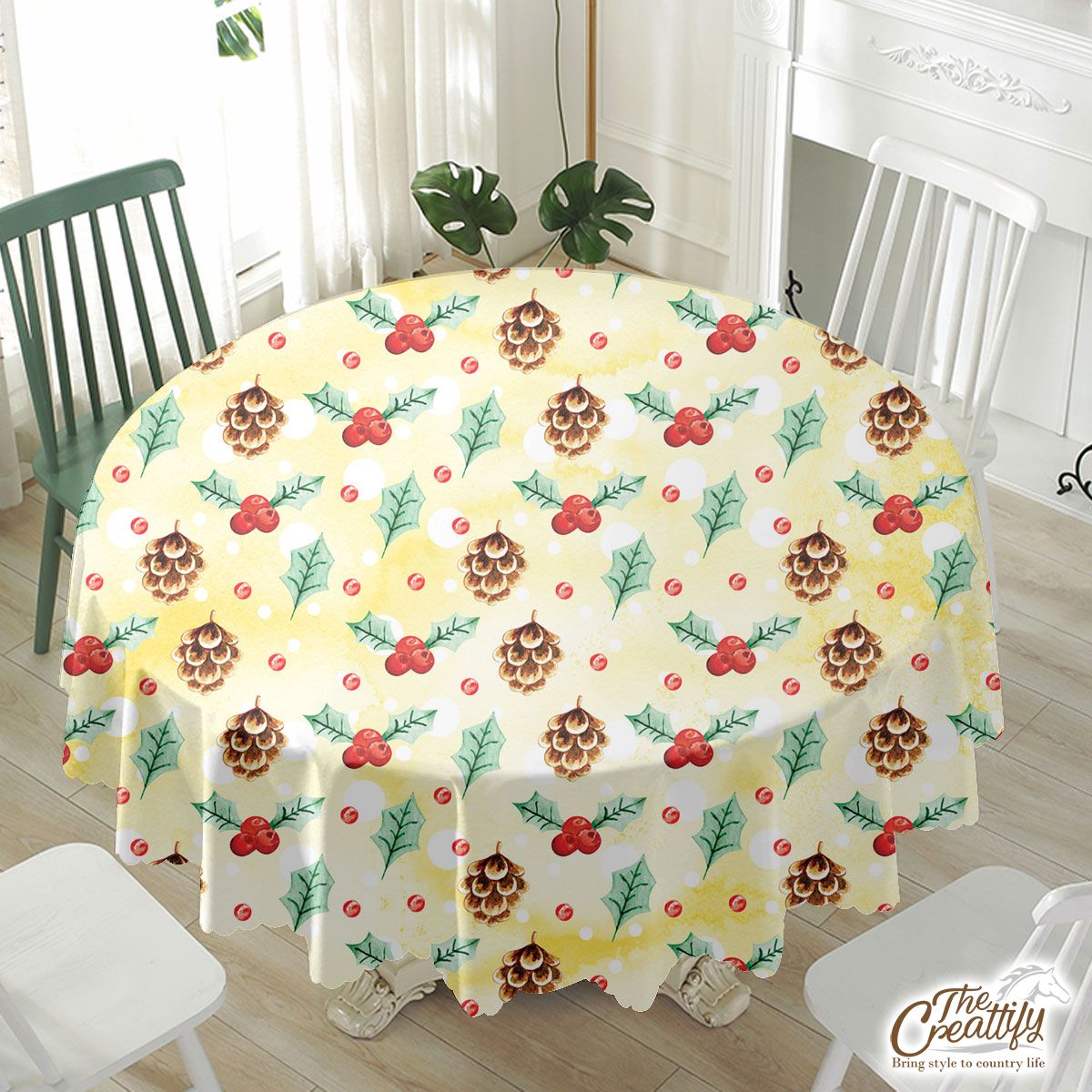 Holly Leaf, Pine Cone, Holly Berry Waterproof Tablecloth