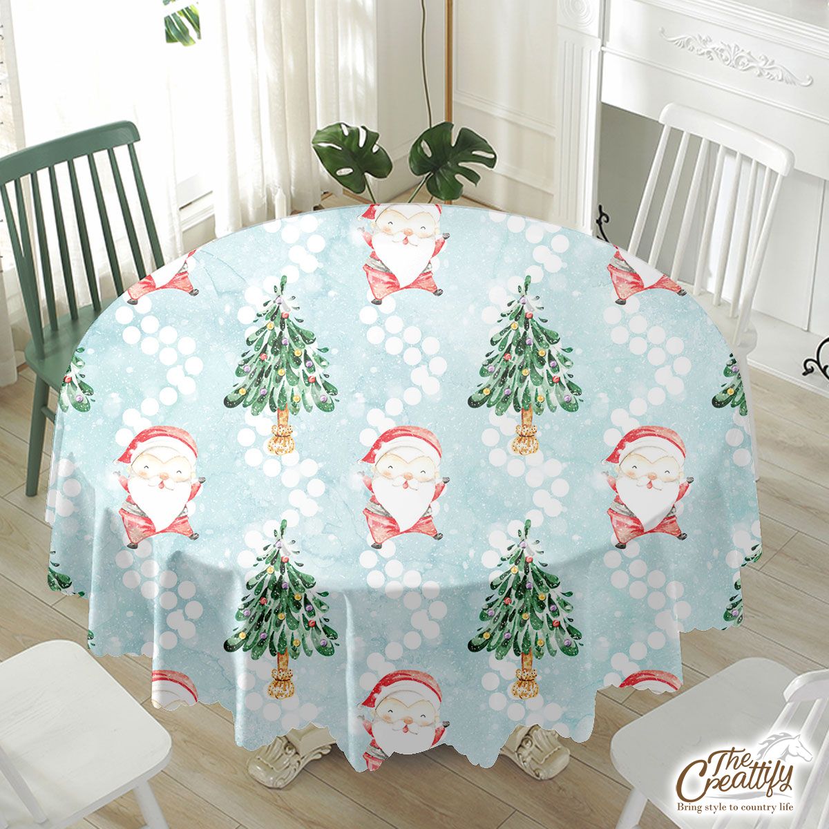 Santa Clause And Christmas Tree On Snowflake Background Waterproof Tablecloth