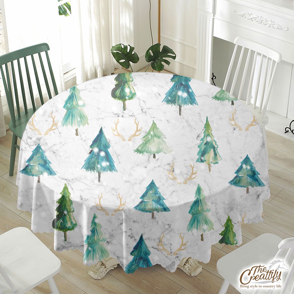 Santas Reindeer, Christmas Tree And Snowflake Background Waterproof Tablecloth