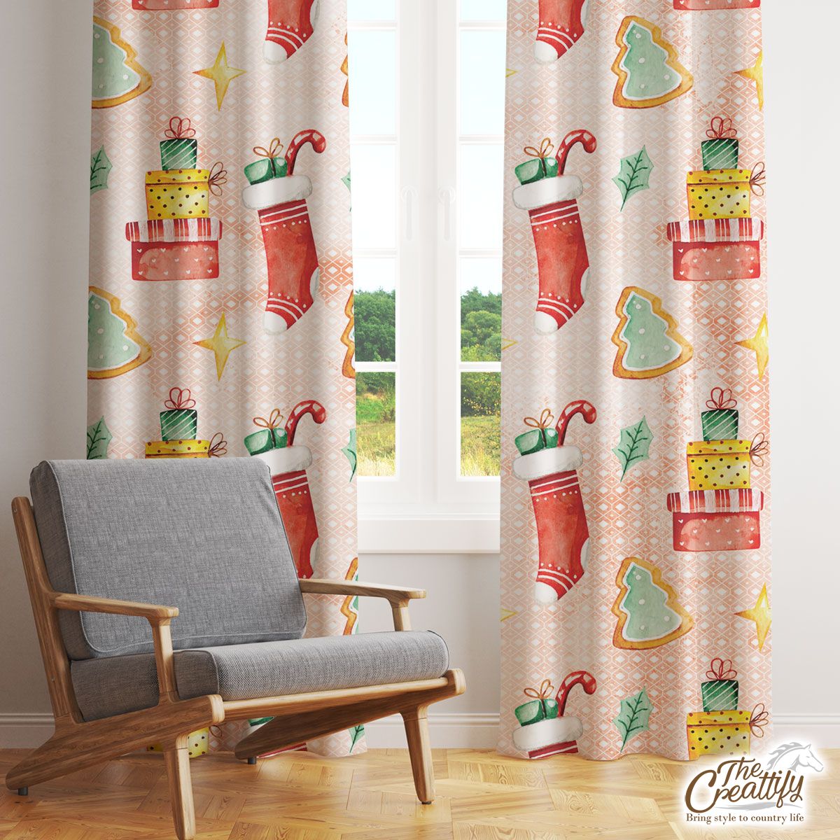 Gingerbread, Christmas Tree, Red Socks With Candy Canes Window Curtain