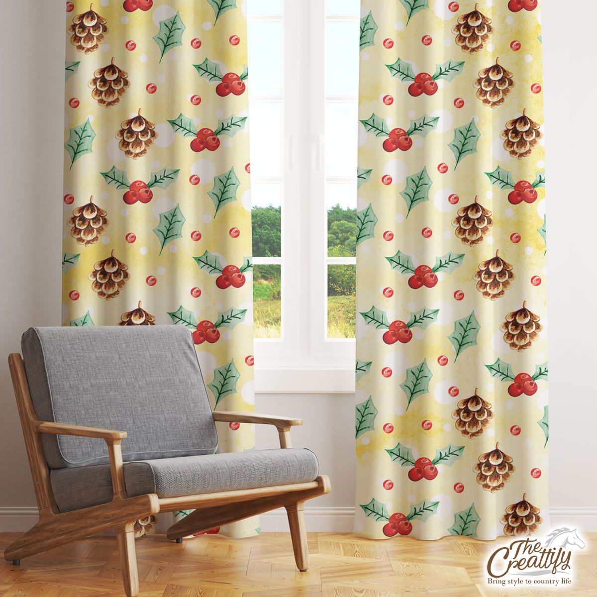 Holly Leaf, Pine Cone, Holly Berry Window Curtain