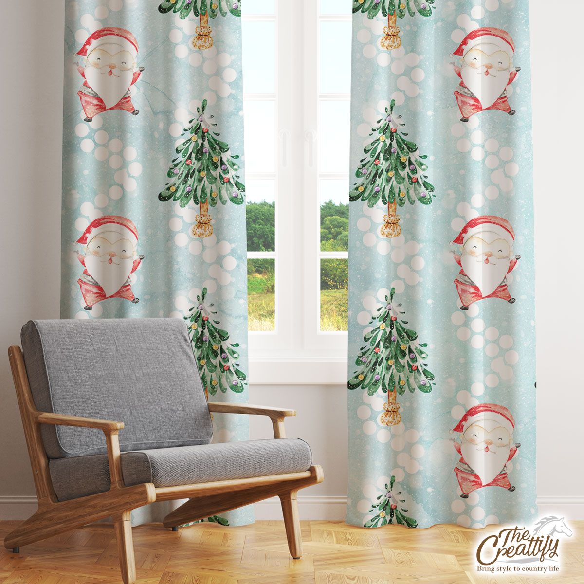 Santa Clause And Christmas Tree On Snowflake Background Window Curtain