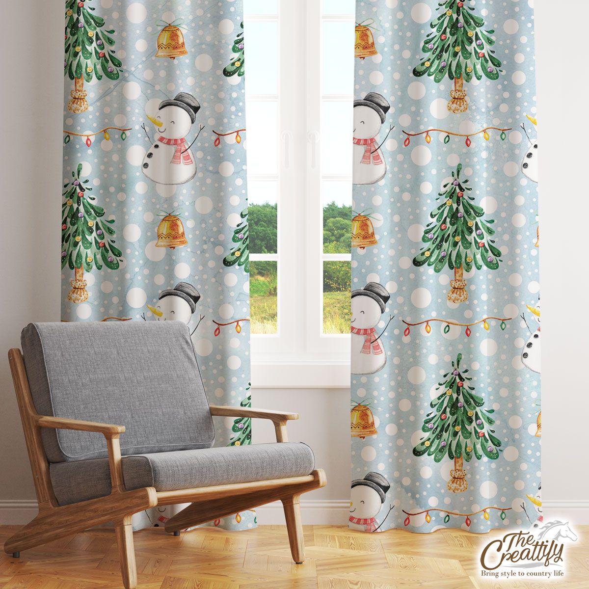 Snowman And Christmas Tree On Snowflake Background Window Curtain