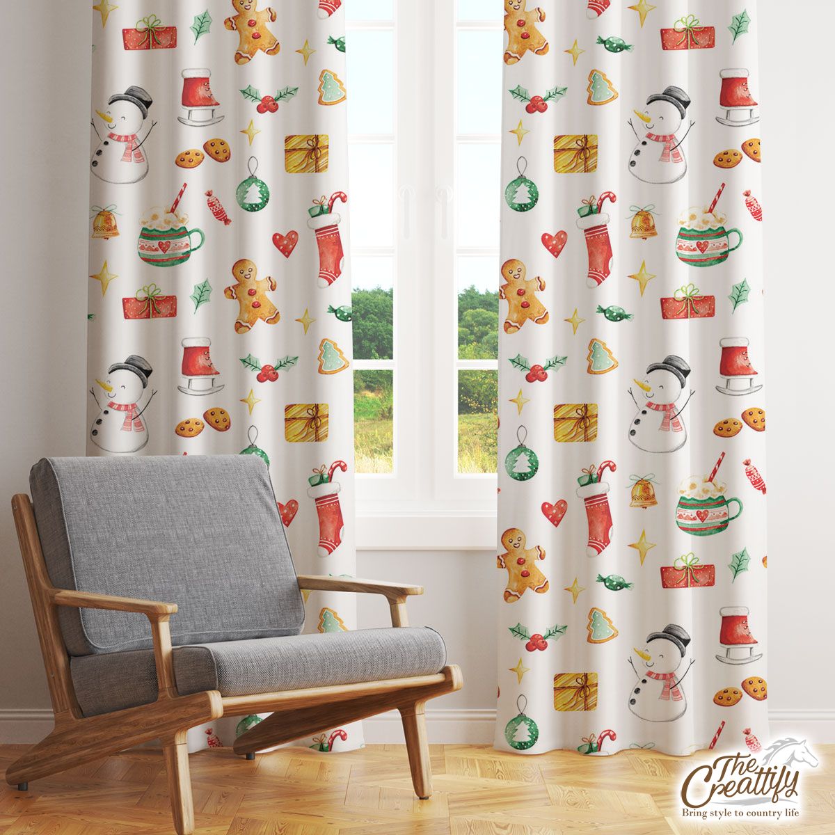 Snowman, Gingerbread And Christmas Gifts Window Curtain