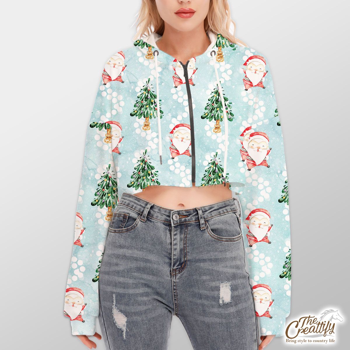 Santa Clause And Christmas Tree On Snowflake Background Hoodie With Zipper Closure