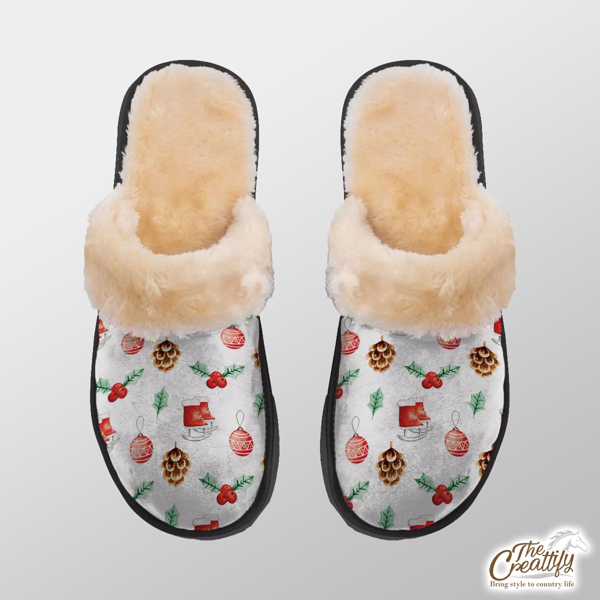 Ice Skates, Holly Leaf, Pine Cone And Christmas Baubles Home Plush Slippers