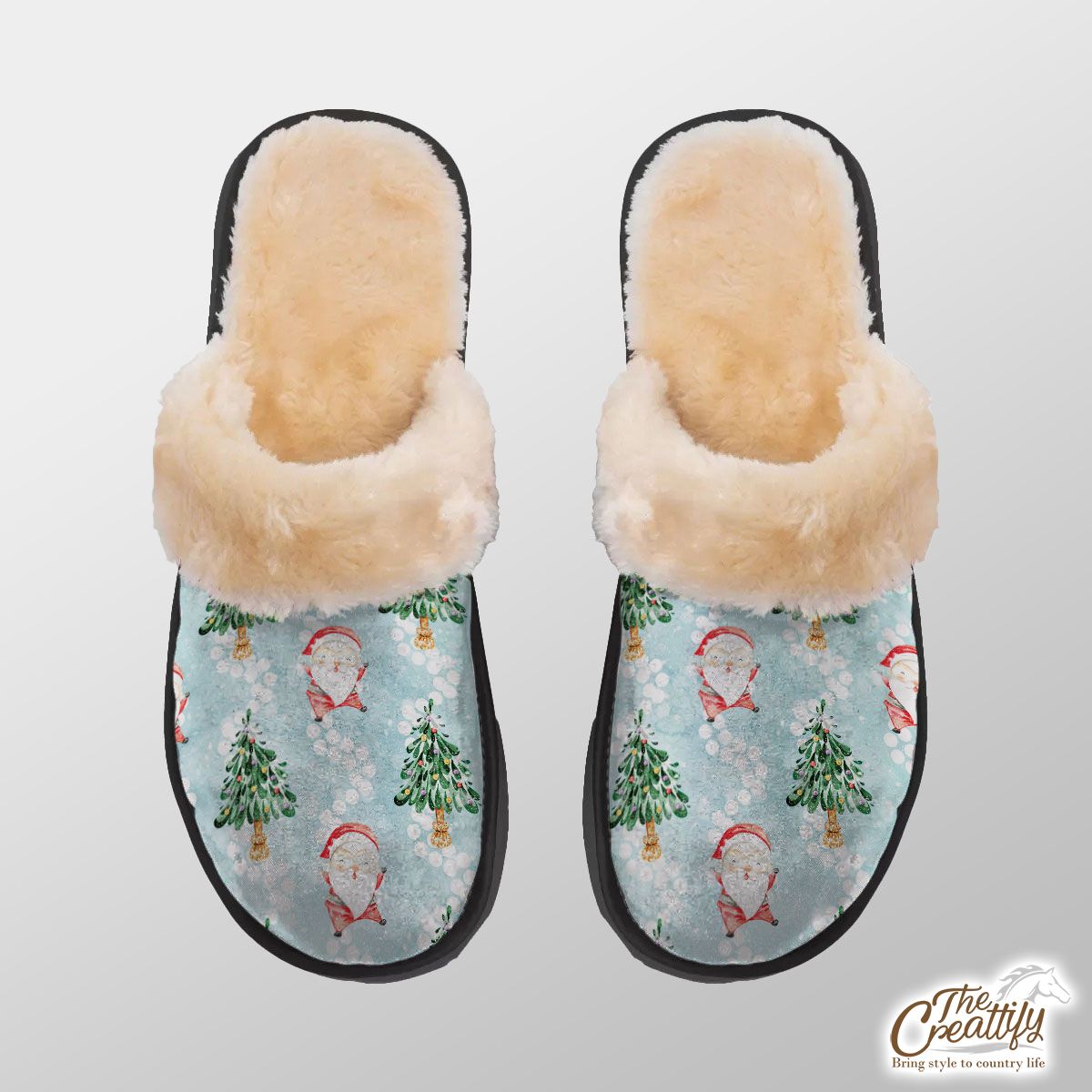 Santa Clause And Christmas Tree On Snowflake Background Home Plush Slippers
