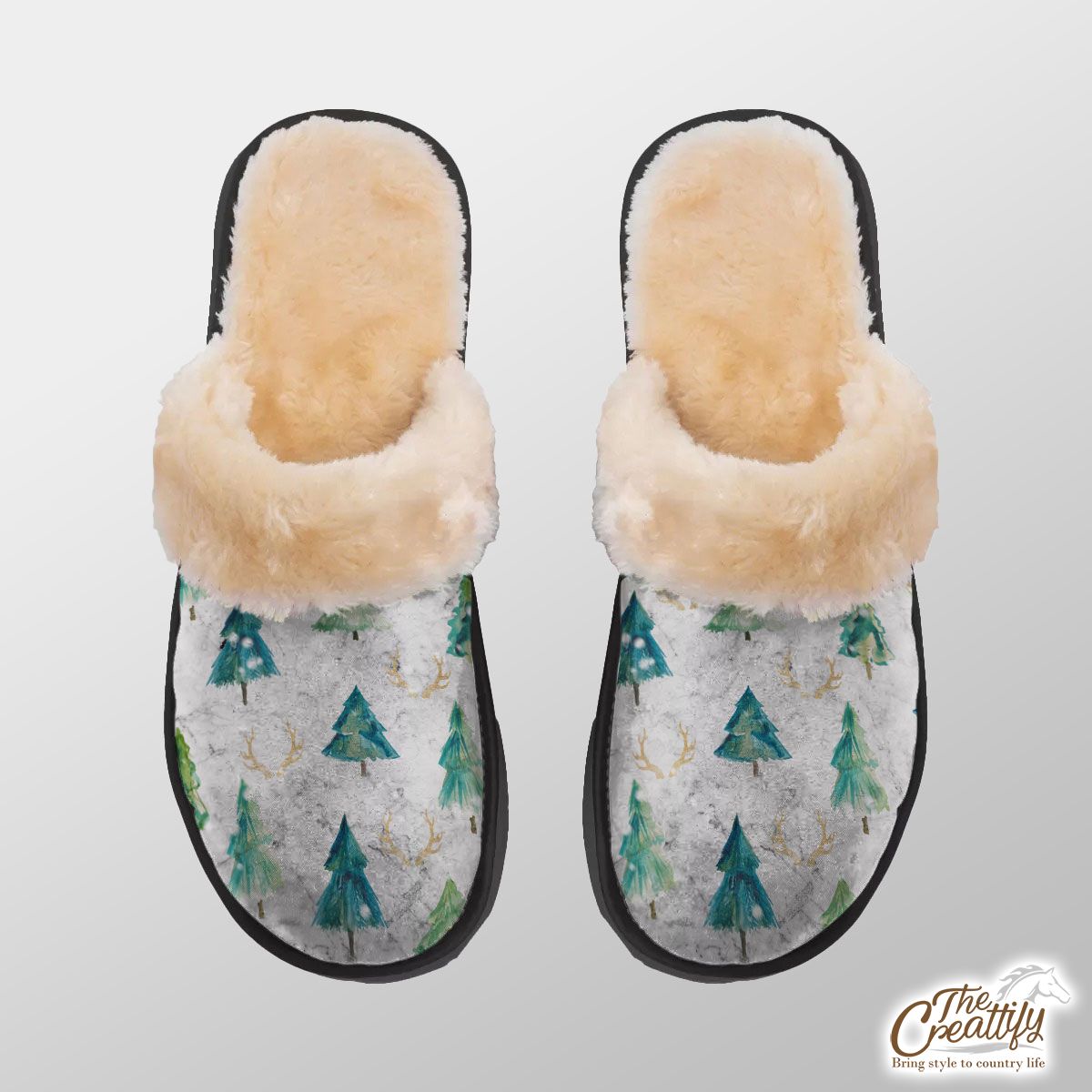 Santas Reindeer, Christmas Tree And Snowflake Background Home Plush Slippers