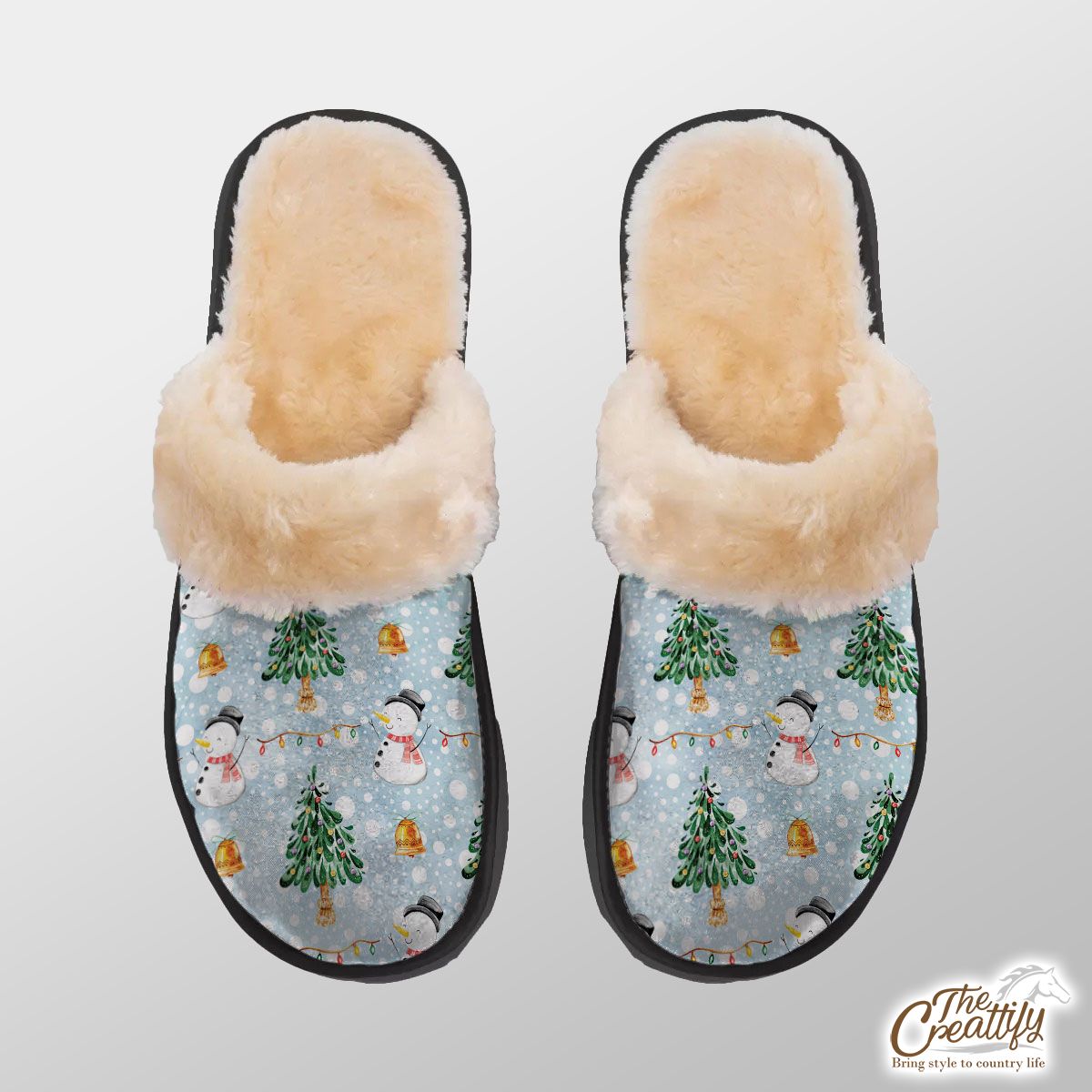Snowman And Christmas Tree On Snowflake Background Home Plush Slippers