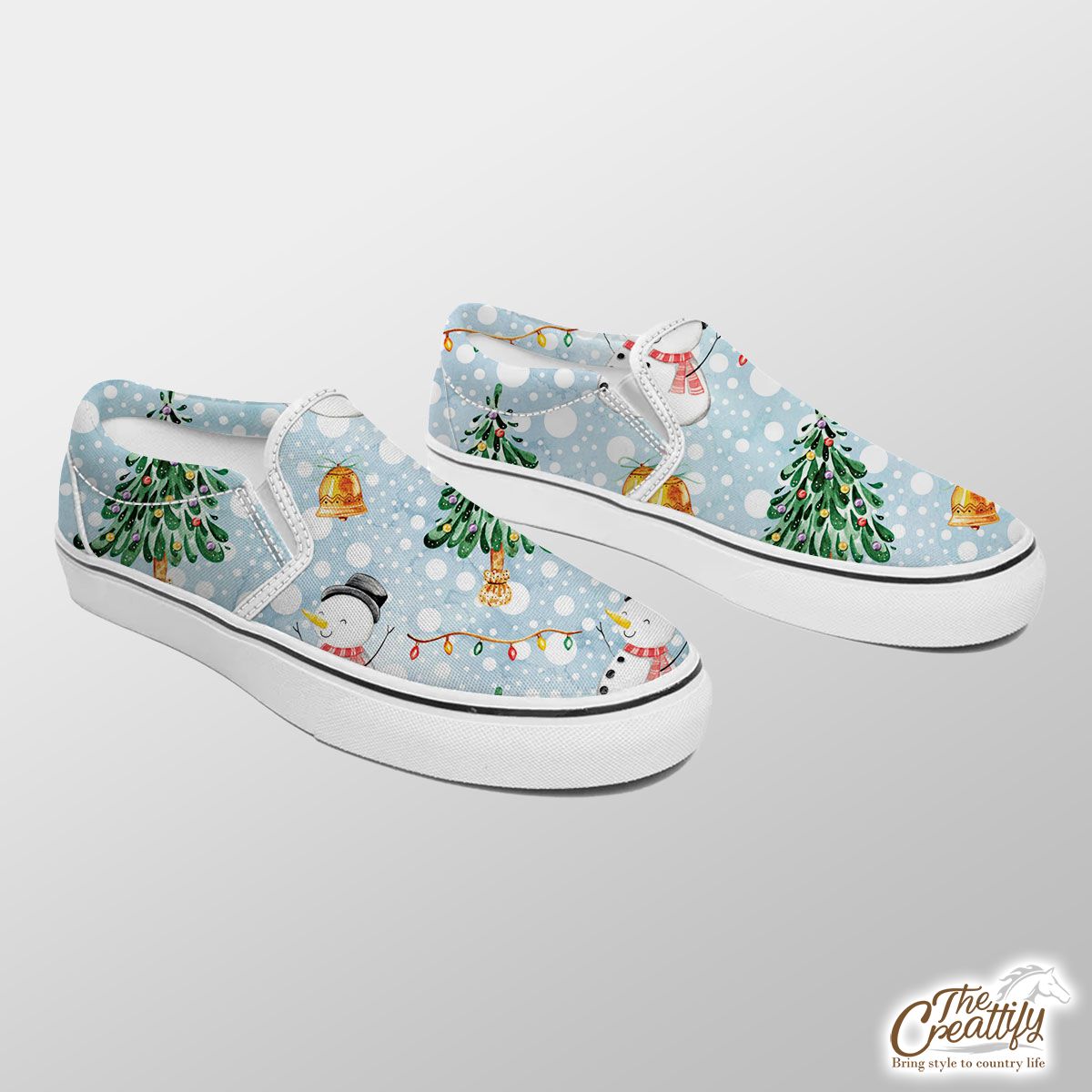 Snowman And Christmas Tree On Snowflake Background Slip On Sneakers