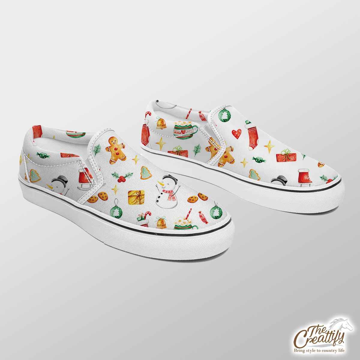 Snowman, Gingerbread And Christmas Gifts Slip On Sneakers