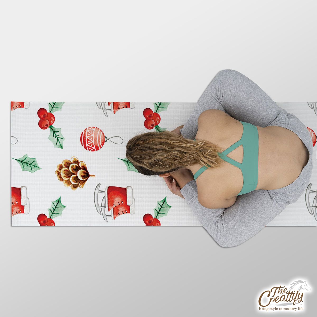 Ice Skates, Holly Leaf, Pine Cone And Christmas Baubles Yoga Mat