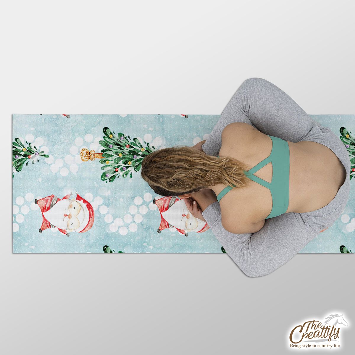Santa Clause And Christmas Tree On Snowflake Background Yoga Mat