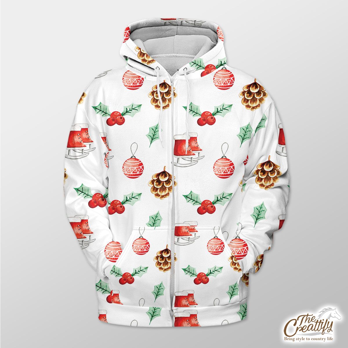 Ice Skates, Holly Leaf, Pine Cone And Christmas Baubles Zip Hoodie