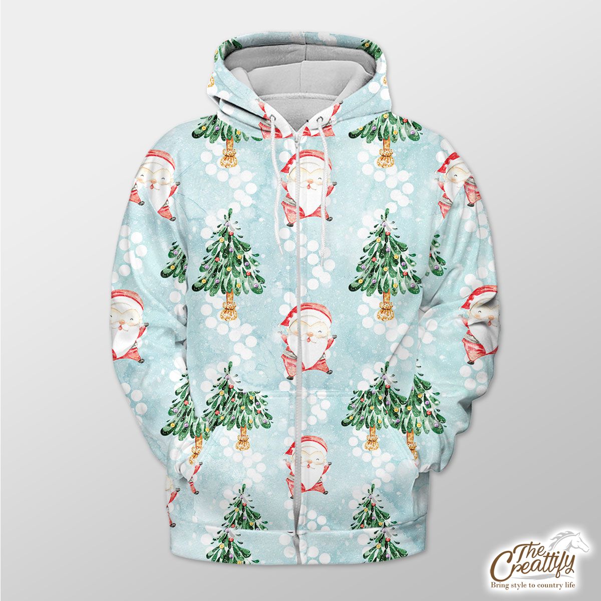 Santa Clause And Christmas Tree On Snowflake Background Zip Hoodie
