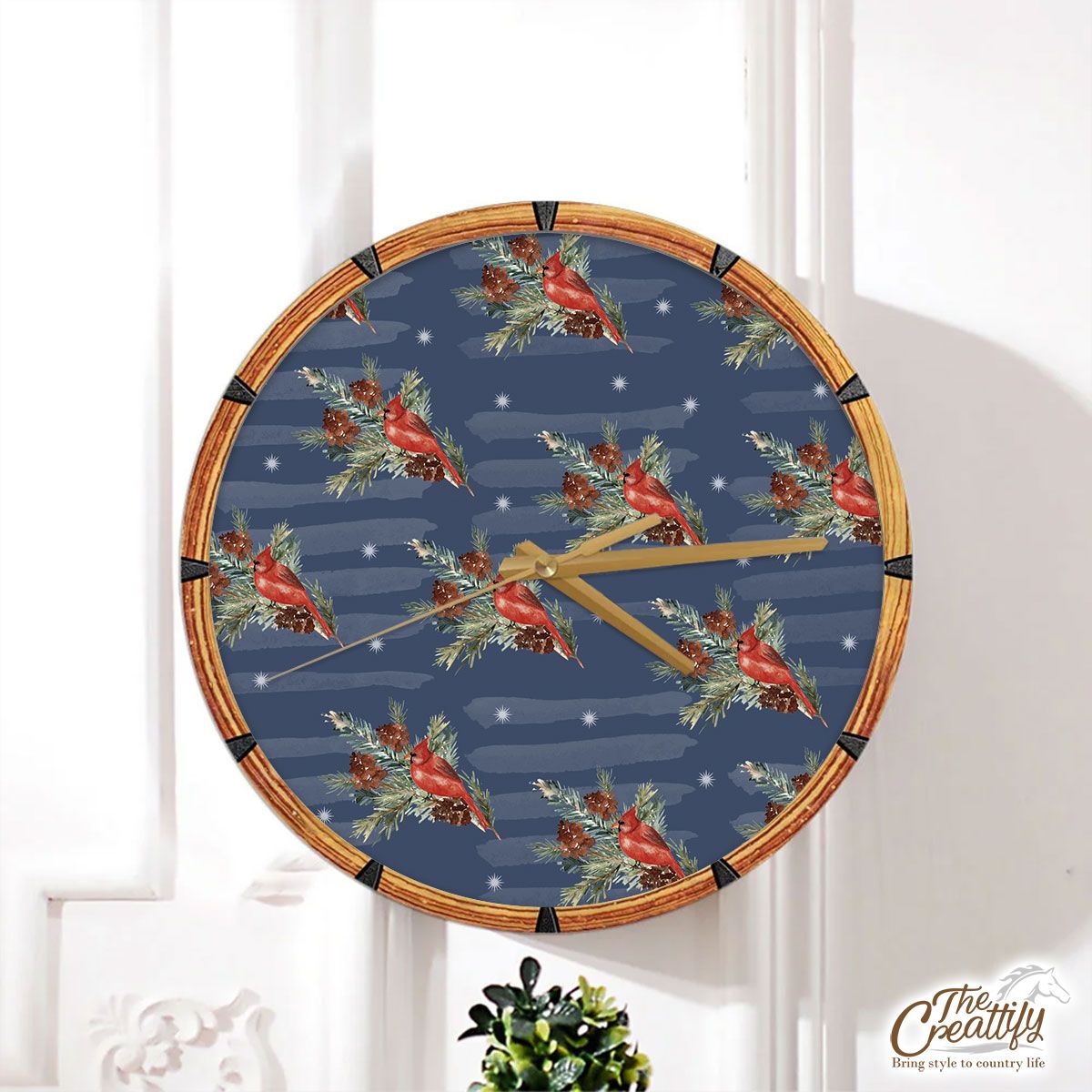 Cardinal Bird, Christmas Tree Branches Wall Clock