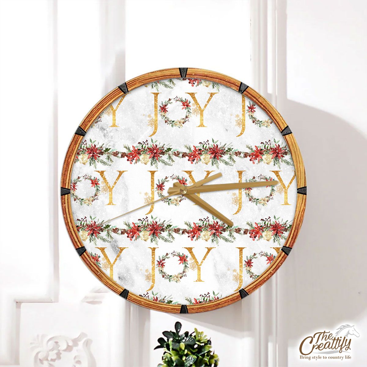 Christmas Joy And Christmas Flowers With Poinsettia, Christmas Mistletoe Wall Clock