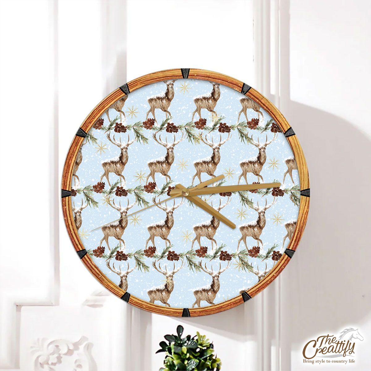 Reindeer, Christmas Reindeer And Pine Tree Branch Wall Clock
