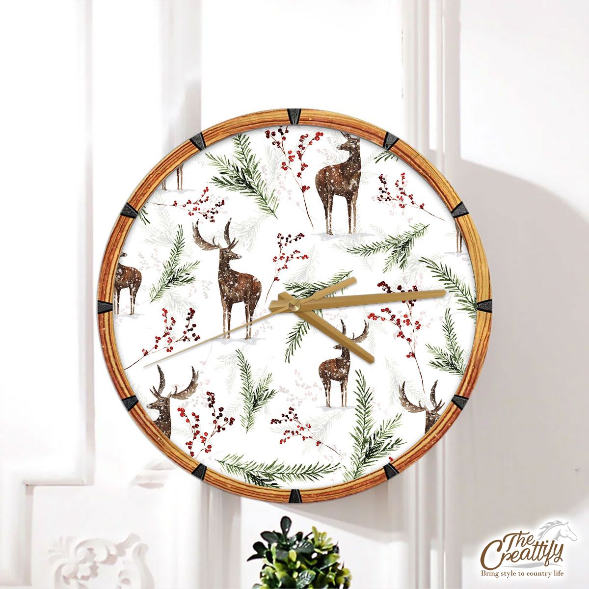 Reindeer, Santas Reindeer And Christmas Mistletoe Wall Clock