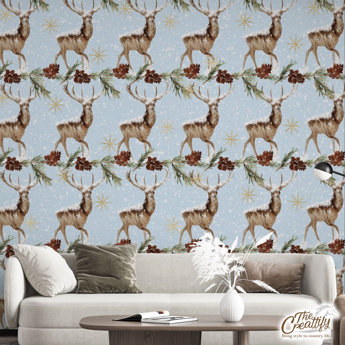 Reindeer, Christmas Reindeer And Pine Tree Branch Wall Mural
