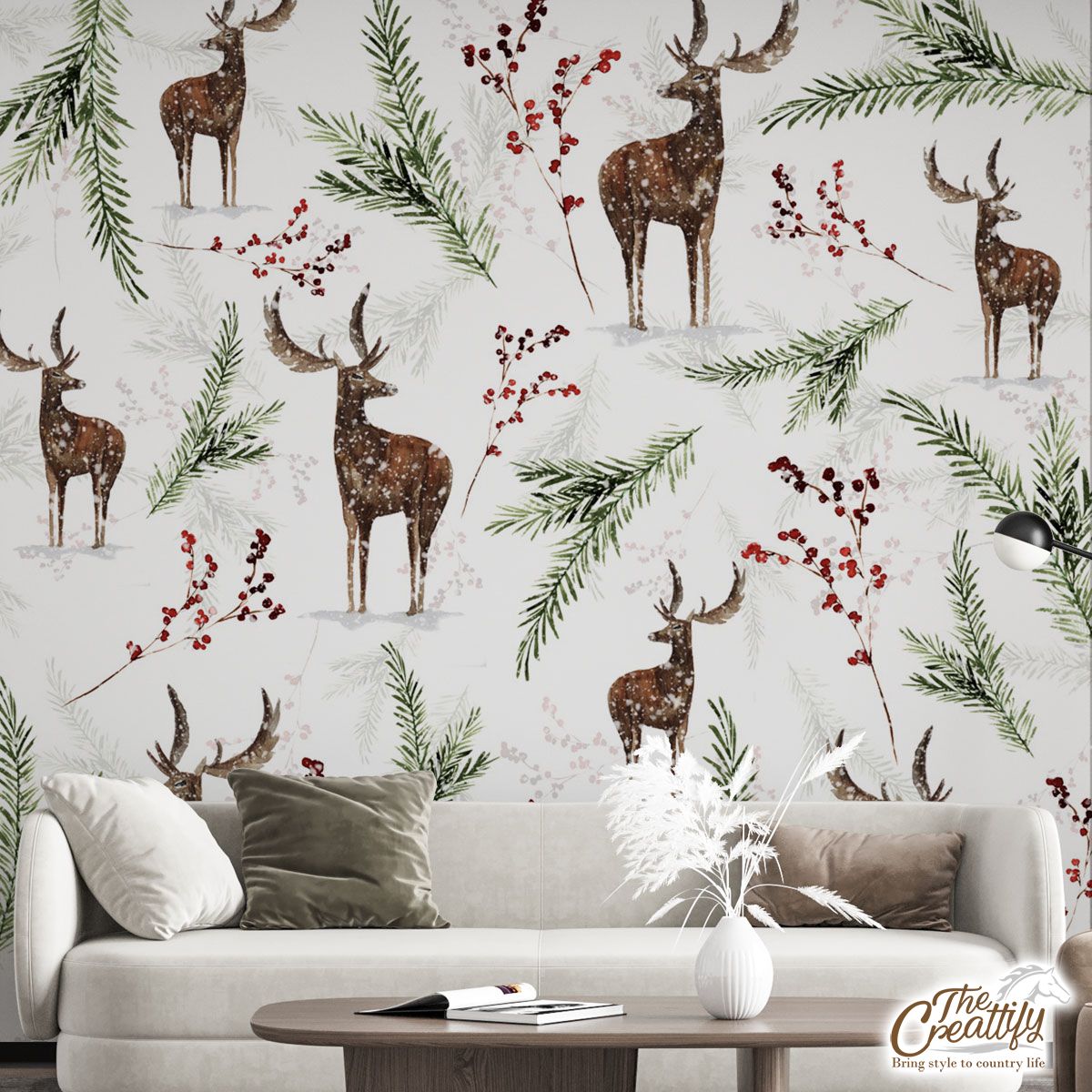 Reindeer, Santas Reindeer And Christmas Mistletoe Wall Mural