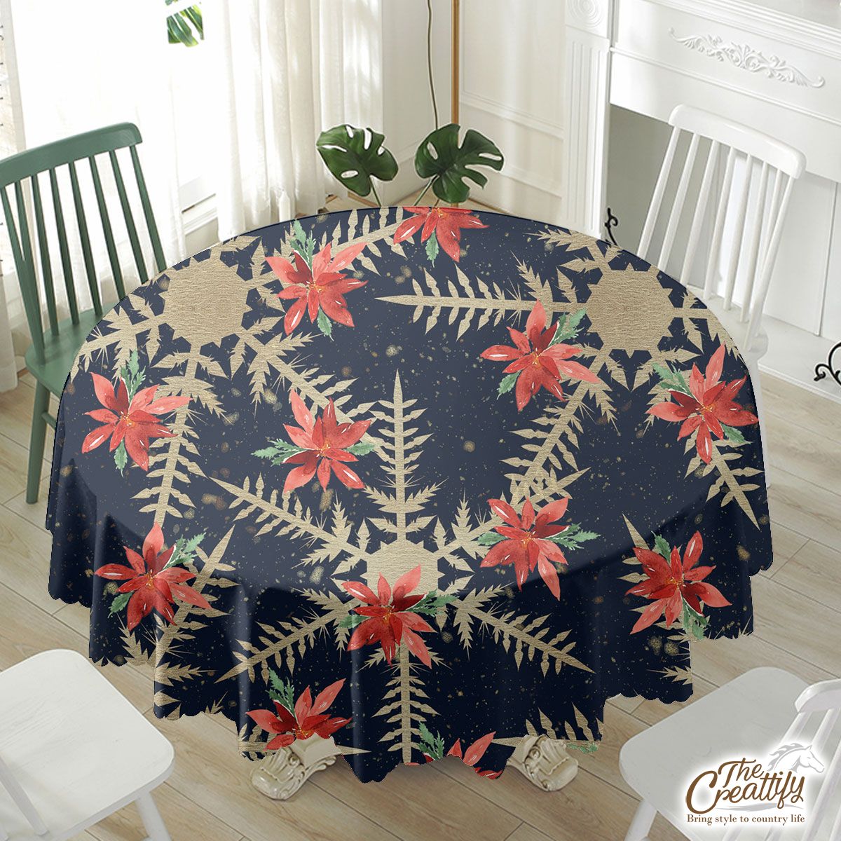 Poinsettia, Snowflake, Snowflake Pattern Waterproof Tablecloth