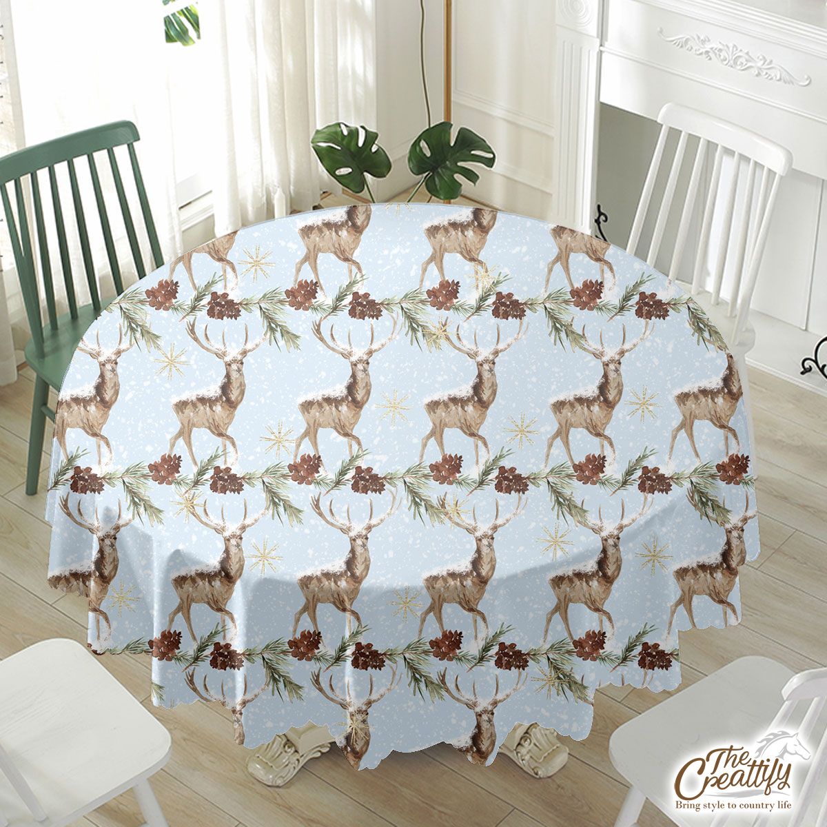 Reindeer, Christmas Reindeer And Pine Tree Branch Waterproof Tablecloth