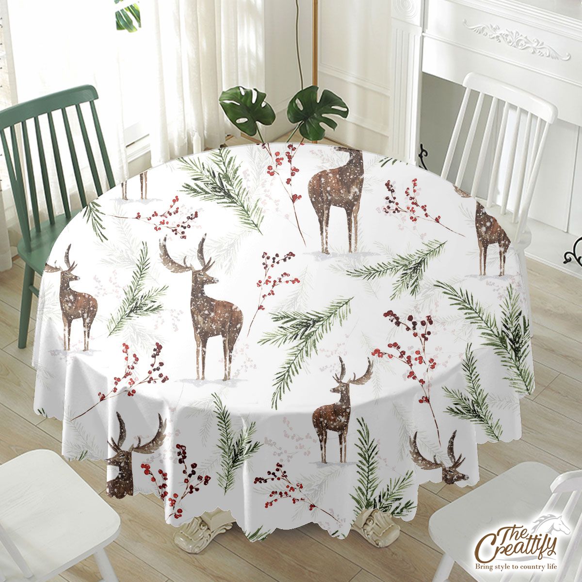 Reindeer, Santas Reindeer And Christmas Mistletoe Waterproof Tablecloth