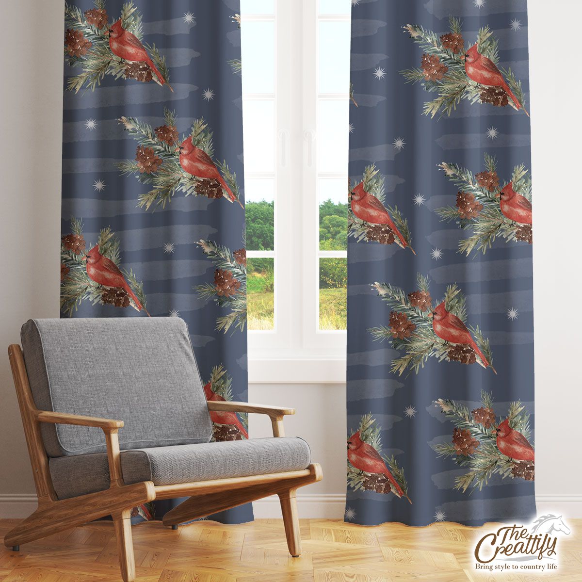 Cardinal Bird, Christmas Tree Branches Window Curtain