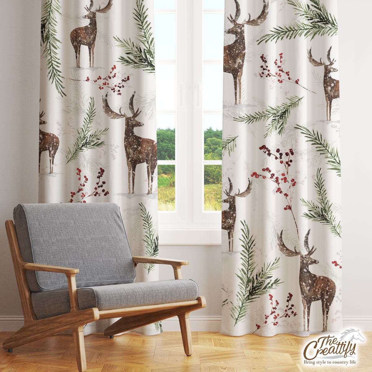 Reindeer, Santas Reindeer And Christmas Mistletoe Window Curtain