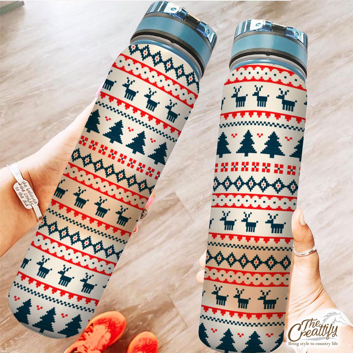 Ugly Patterns With Santas Reindeer And Pine Tree Tracker Bottle