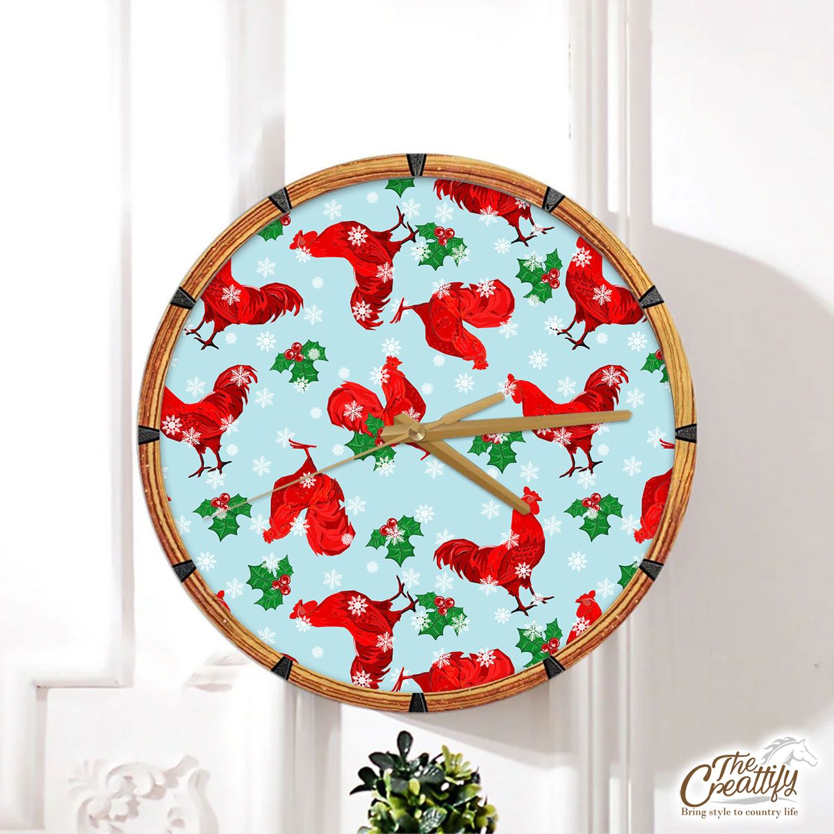 Christmas Chicken With Holly Leaf And Snowflake Wall Clock